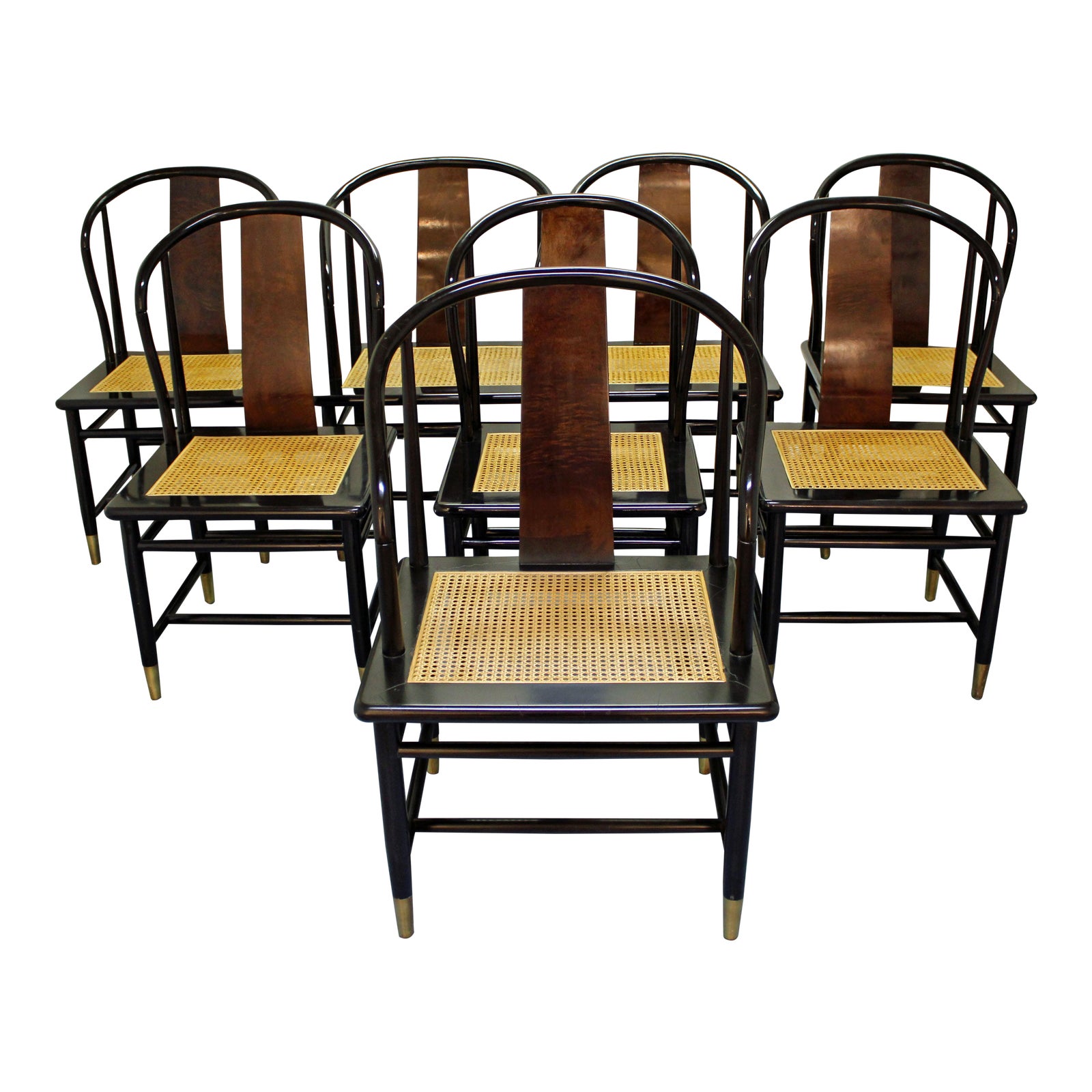 Henredon Asian Modern Black Lacquer Cane Dining Chairs Set of 8