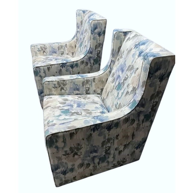 Textile Pair of Ethan Allen Custom Floral Swivel Rocker Lounge Chairs in Contemporary Watercolor Upholstery For Sale - Image 7 of 9