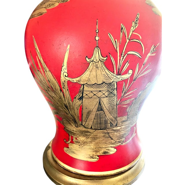 1960s Ginger Jar Style Table Lamp, Vintage Red and Gold Chinoiserie, Hand-Painted For Sale - Image 5 of 10