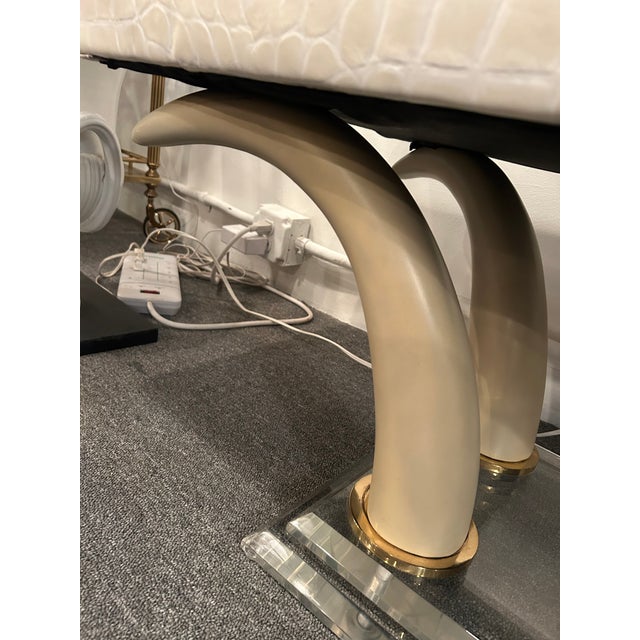 Animal Skin Faux Crocodile Upholstered Bench With Faux Horn & Lucite Base For Sale - Image 7 of 11