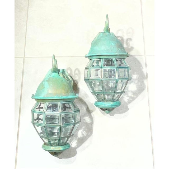 Funky Vintage Pair of Solid Brass Verdigris Wall Lanterns - 14”h X 7” W X 8”.5 D For Sale - Image 16 of 17