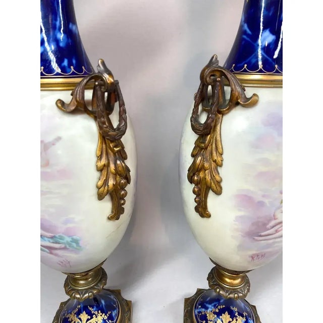 French Pair of 19th-Century French Sevres Porcelain Vases With Gilded Bronze Mounts For Sale - Image 3 of 12