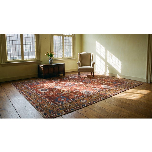 Antique Persian Heriz Serapi Carpet on Red-Ruby Background Color With Harshang Pattern For Sale - Image 10 of 10