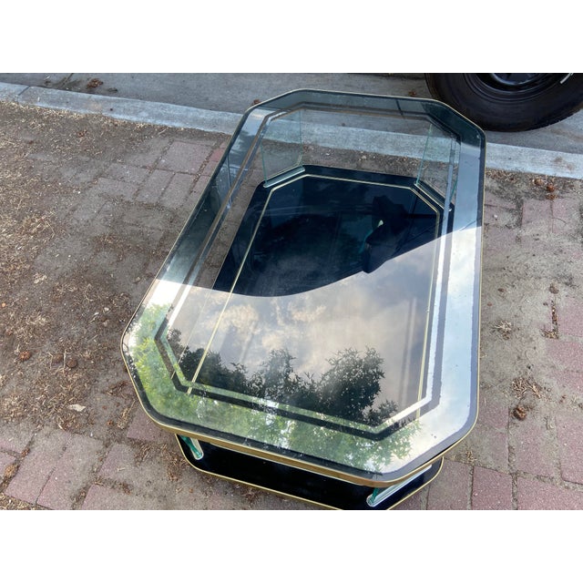 Vintage Hollywood Regency Style Black Lacquer and Glass Floating Coffee Table With Patina For Sale - Image 13 of 18