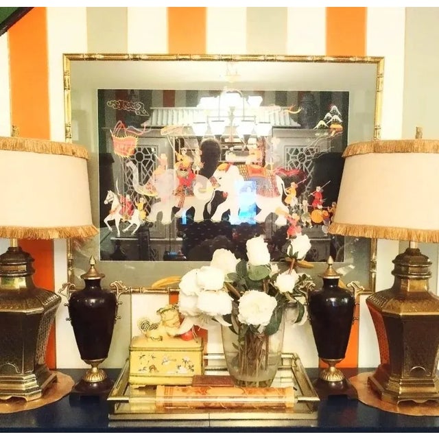 English Vintage Large Heavy Metal Dark Brown Tortoiseshell Brass Decorative Urns- A Pair For Sale - Image 3 of 7