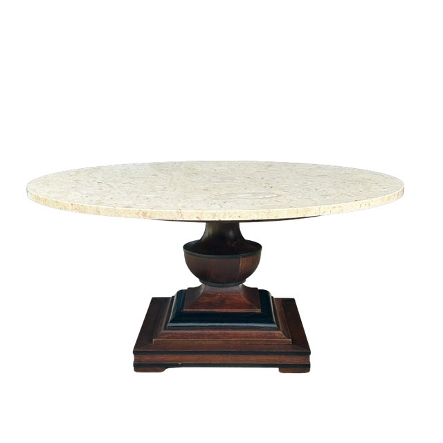 1960s Vintage Italian Marble Pedestal Coffee Table – Mid-Century Modern Round Ivory Stone Top With Sculptural Wood Base For Sale - Image 5 of 10