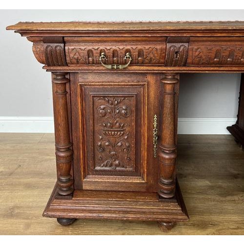 Brown Antique French Style Oak Double Sided Carved Pedestal Desk For Sale - Image 8 of 18