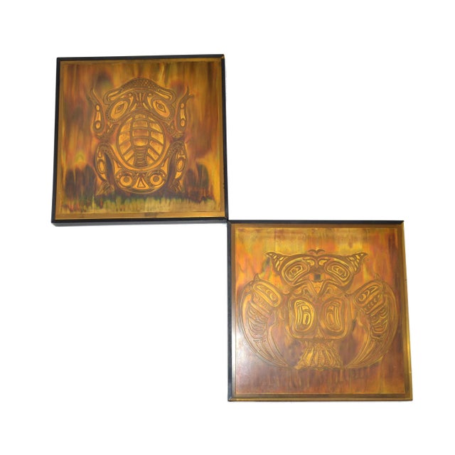 Here we offer 2 Original Vintage handcrafted Acid Etched Brass Metal Owl & Frog Art Pieces. Both are framed and have the...
