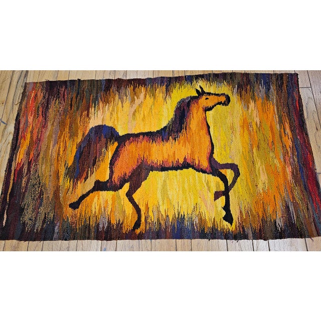 Textile Vintage Mid-Century Handwoven Wool Tapestry, Galloping Horse Design, Yellow & Brown, 38” X 68” For Sale - Image 7 of 11