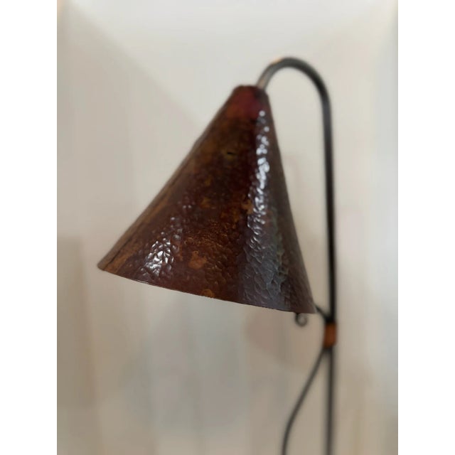 Industrial Hand-Hammered Copper Cone Floor Lamp With Iron Scroll Base, Artistic Mid 20th Century For Sale - Image 3 of 8