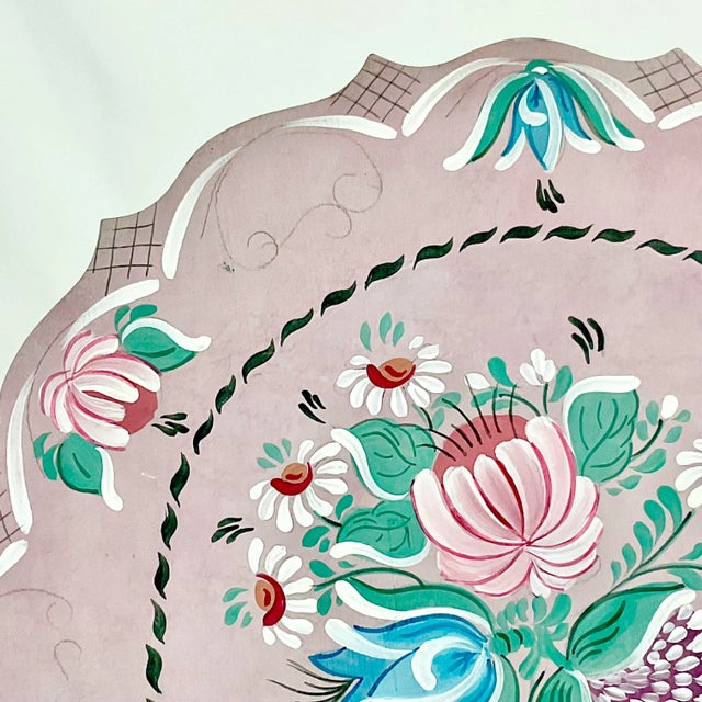 Wood 1996 Vintage Boho Chic Gustavian Scandinavian Hand-Painted Wood Plate. For Sale - Image 7 of 9