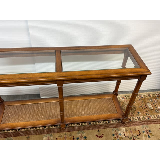 Coastal Faux Bamboo Console Table With Glass Top For Sale - Image 3 of 12