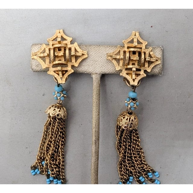 1960s Vintage 1960s Signed Napier Goldtone Faux-Turquoise Tassel Clip Earrings-2 Pieces For Sale - Image 5 of 7