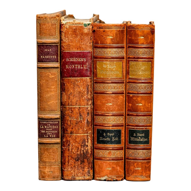 Set of 4, Wonderful Time Worn Collection of Antique Leather Spine Books Home Office Library Decor For Sale