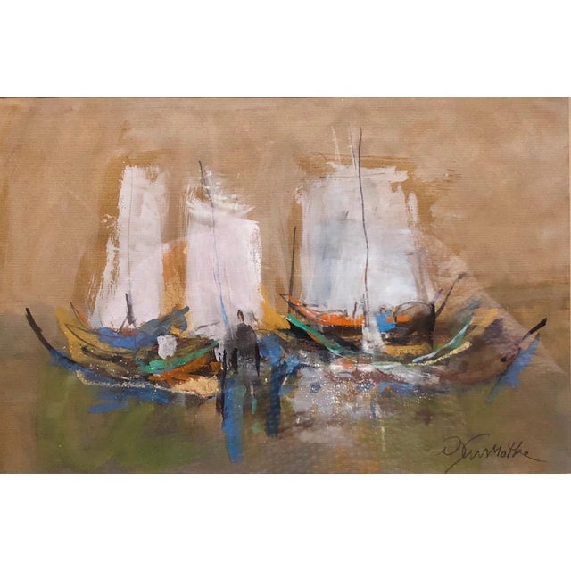 Motke Blum, Israeli Modernist Abstract Expressionist Gouache Painting Boats For Sale