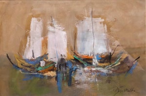 Motke Blum, Israeli Modernist Abstract Expressionist Gouache Painting Boats