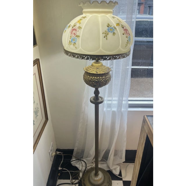 Vintage Mid Century Brass Floor Lamp Floral Hand Painted Shade For Sale - Image 9 of 11