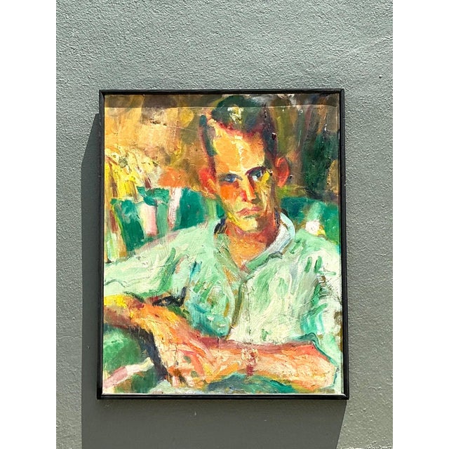 This compelling mid-20th-century oil on wood portrait presents a striking study of character, depicting a man with a...