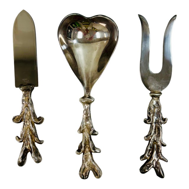 Vintage Michael Aram & Maryse Boxer 'I Love You' Coral Handled Silver-Plated 3-Piece Serving Cutlery Set For Sale