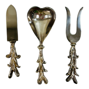 Vintage Michael Aram & Maryse Boxer 'I Love You' Coral Handled Silver-Plated 3-Piece Serving Cutlery Set