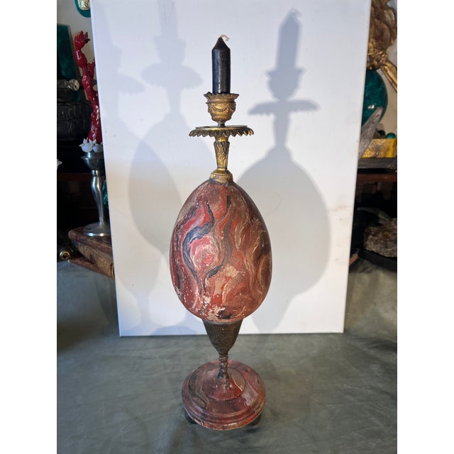 Baroque Curiosity Cabinet Faux Rouge Marble Hand Painted Faux Ostrich Egg Candelholder For Sale - Image 9 of 10