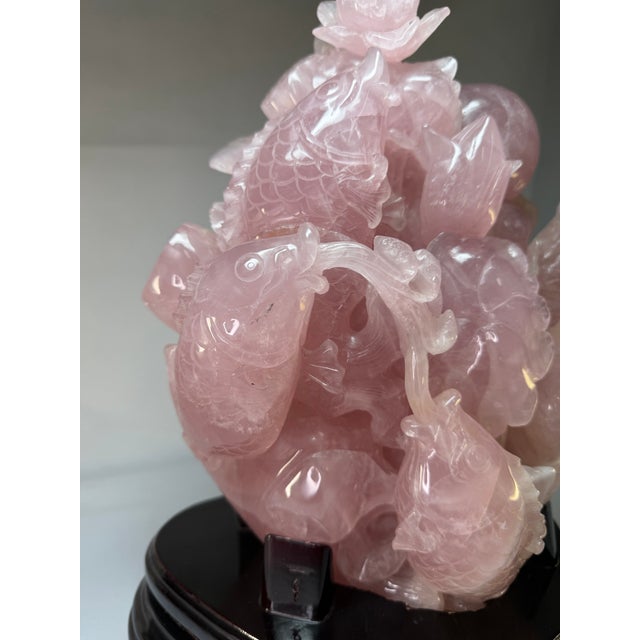 Vintage Chinese Carved Rose Quartz Koi Fish & Lotus Sculpture on Wood Stand For Sale In Miami - Image 6 of 11
