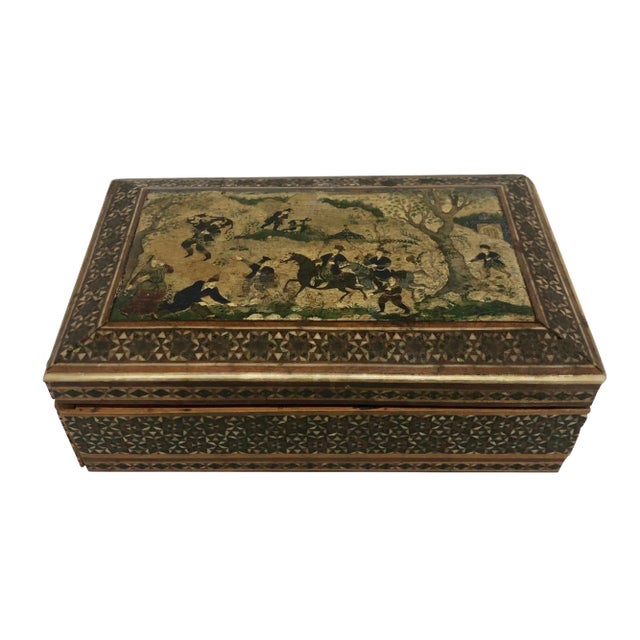 Persian Inlaid and Painted Figural Jewel Box For Sale