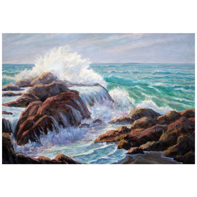 Gorgeous mid-century seascape of turquoise and lavender waves crashing on coastal rocks by California artist Lee Ervast...