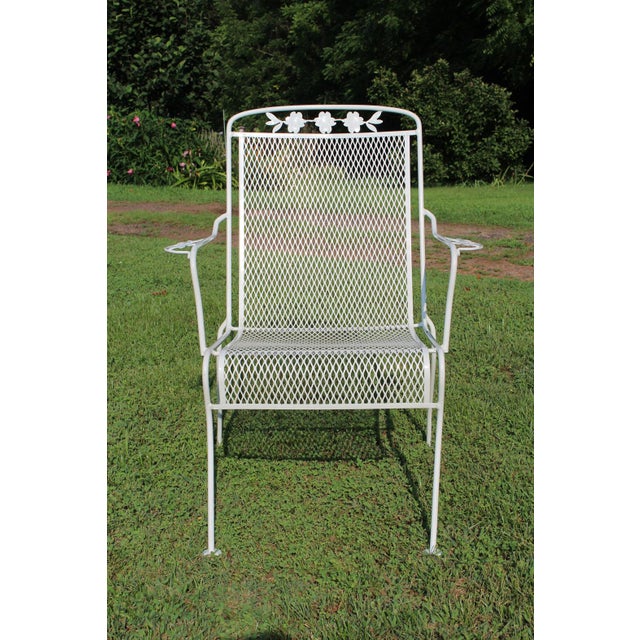 1970s Wrought Iron Patio Set With Dogwood Motifs—Table and Four Armchairs With Covers, 5 Pieces For Sale - Image 5 of 18