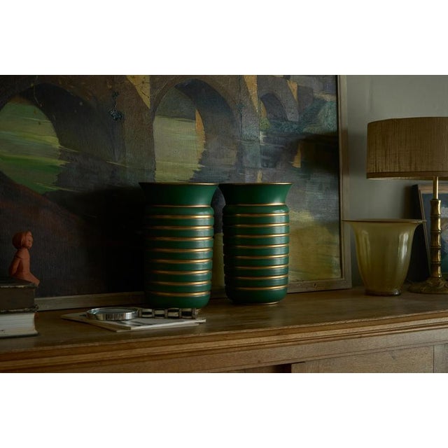 Art Deco Green and Gilt Vases from Villeroy & Boch, Luxembourg 1930s, Set of 2 For Sale - Image 6 of 10
