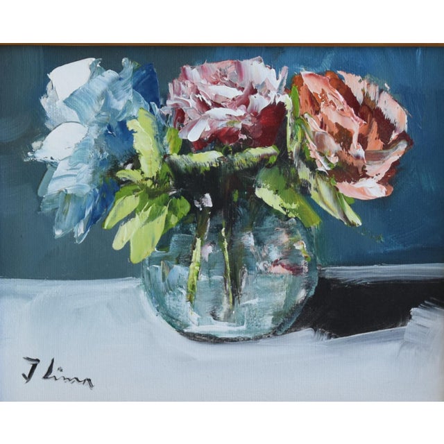 Colorful Mixed Bouquet of Flowers Oil Painting Including the Antiqued Gold Wood Frame For Sale - Image 4 of 7