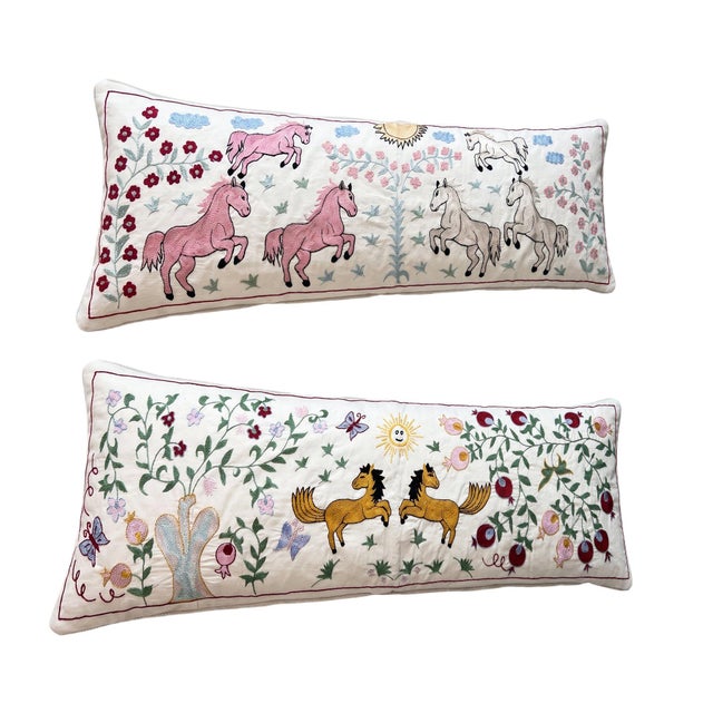 This beautiful 18'' x 53'' & 19'' x 54'' hand-embroidered Suzani pillow cover set was made from authentic Uzbek cotton...