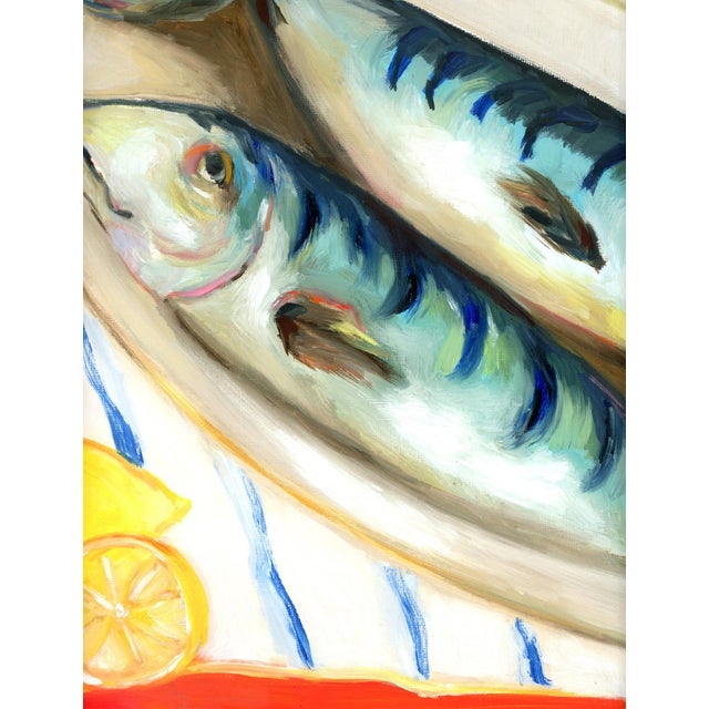 Mid-Century Modern "Two Fish and Lemons" Vintage Style Still Life Oil Painting by Alexandra Swistak, Framed For Sale - Image 6 of 9