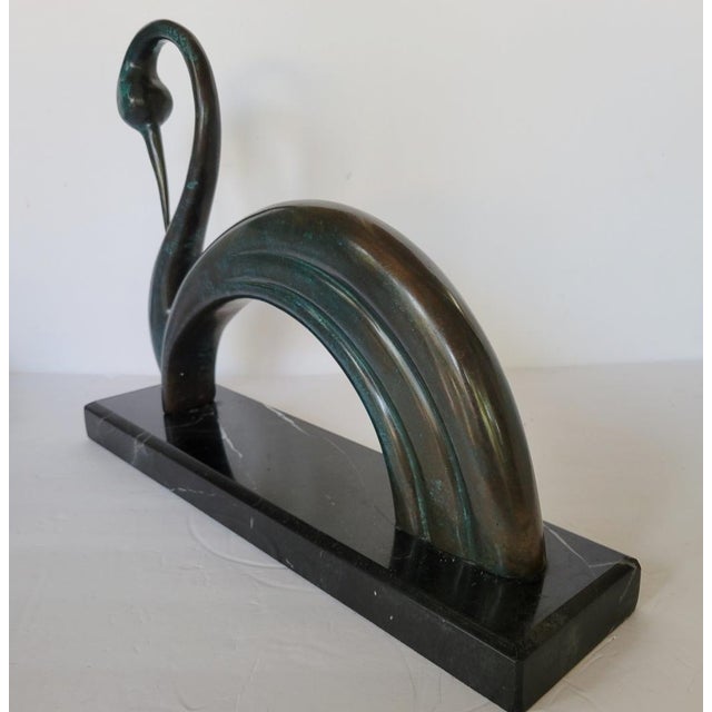 Contemporary Italian Bronze Swan Sculpture on Black Marble Base in Art Deco Revival Style For Sale In Raleigh - Image 6 of 9