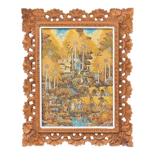 Intricately Detailed Balinese Village Scene Painting — Carved Frame, Mid-20th Century For Sale
