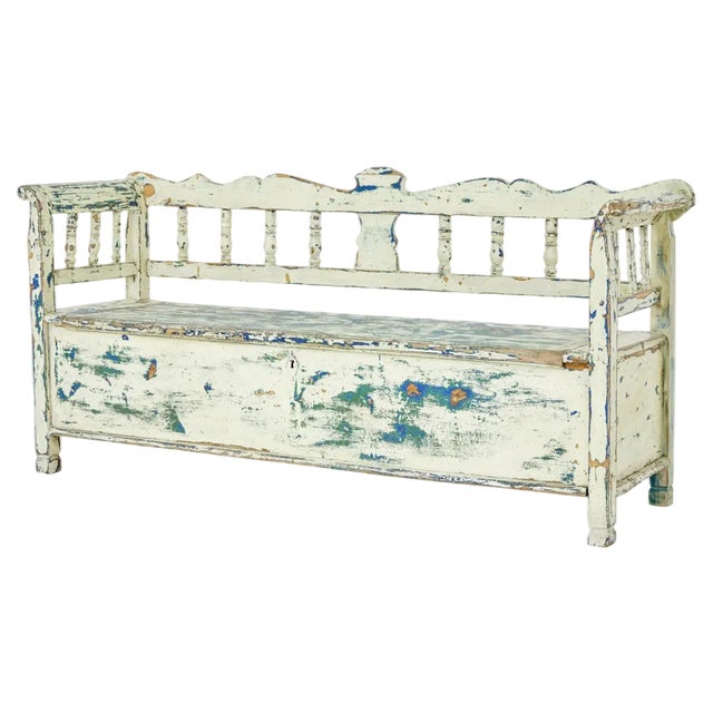 Large Swedish Painted Pine Bench, 1890s For Sale