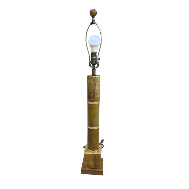Vintage Mid-Century Jade Column Table Lamp With Cream Lampshade For Sale - Image 9 of 15