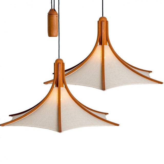 Brown Wooden Pendant Light with Textile Shade from Domus Germany, 1970s For Sale - Image 8 of 18