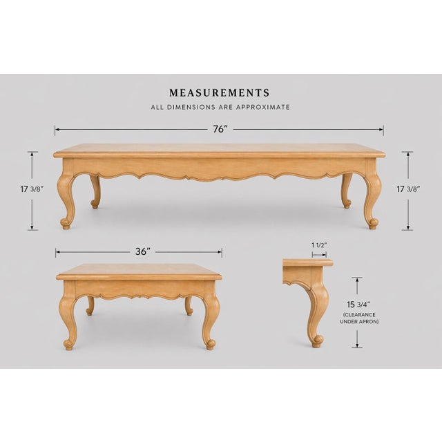 Goldenrod Mid 20th Century Extra Large French Provincial Solid Wood Coffee Table — 76” Blonde Wood Cocktail Table With Cabriole Legs For Sale - Image 8 of 12