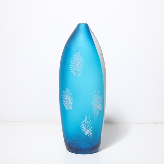 Mid-Century Hand-Blown Cerulean Blue Murano Glass Vase W/ Battuto Texturing For Sale - Image 11 of 16
