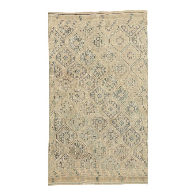 Mid 20th Century Mid 20th Century Washed Out Embroidered Vintage Kilim For Sale