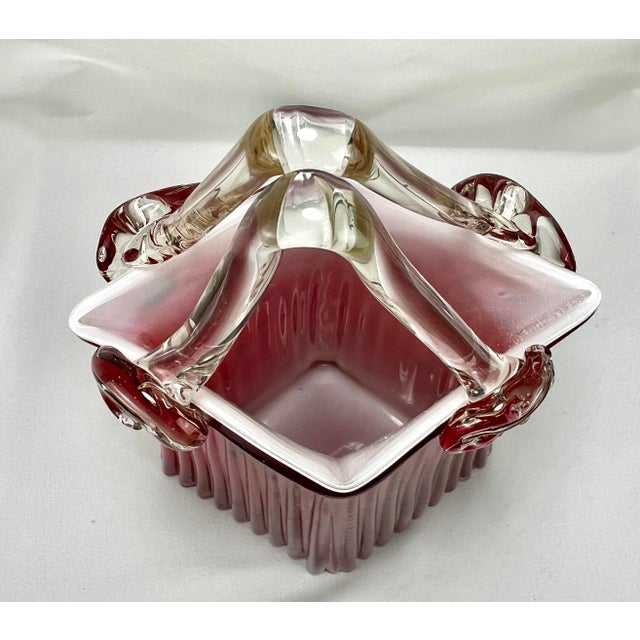 Murano Vintage Murano Style Ruby Red Art Glass Purse Vase With Clear Handle & Aventurine Flecks For Sale - Image 4 of 12