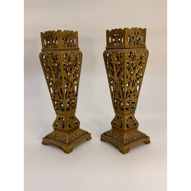 Pair of Ornate Gilt Brass Victorian-Style Candle Holders For Sale - Image 4 of 4