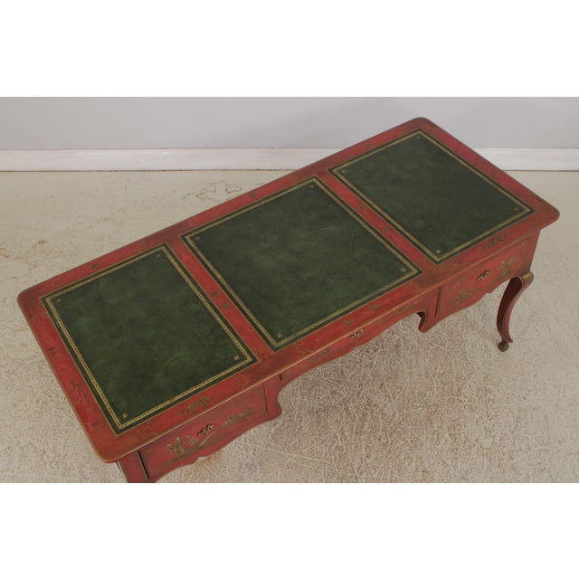 Baker 3 Drawer Chinoiserie Style Leather Top Desk Bureau Plat For Sale - Image 10 of 17