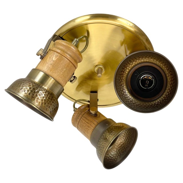 Modern Three-Spot Brass and Oak Ceiling Light from Temde Lights, 1970s For Sale