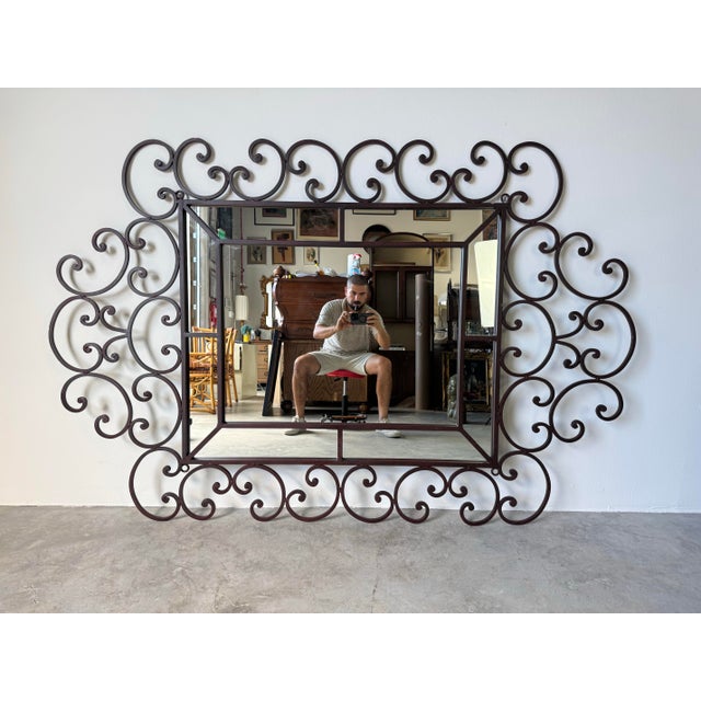 Brown Large- Vintage Hollywood Regency Style Ornate Iron Wall Mirror/ Sold For Sale - Image 8 of 12