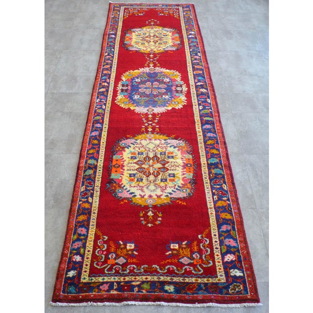 Raspberry Red 1950s Hand-Knotted Turkish Runner Rug Bold Colors Tribal Hallway Decor Lady Bug Pattern Unused - 3'4" X 13' For Sale - Image 8 of 17