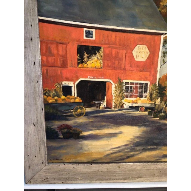Wood 1970s Autumn Barn Landscape and Oil on Canvas of Red Barn Signed J. Preece For Sale - Image 7 of 13