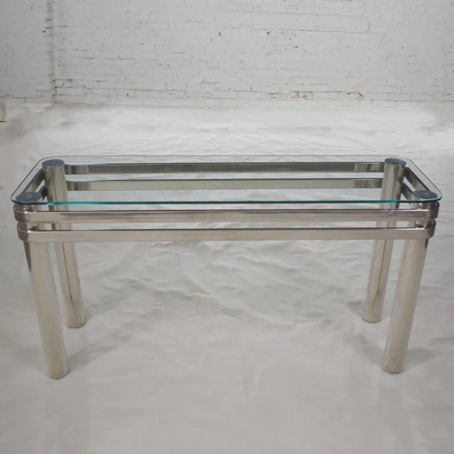 Modern Console Sofa Table Chrome Rectangle With Glass Top Style of Pace or Karl Springer For Sale - Image 13 of 13