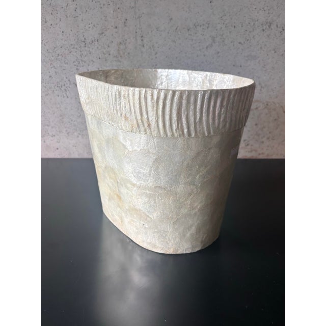 Hollywood Regency Vintage 1980s Coastal White Capiz Shell Wastebasket For Sale - Image 3 of 7